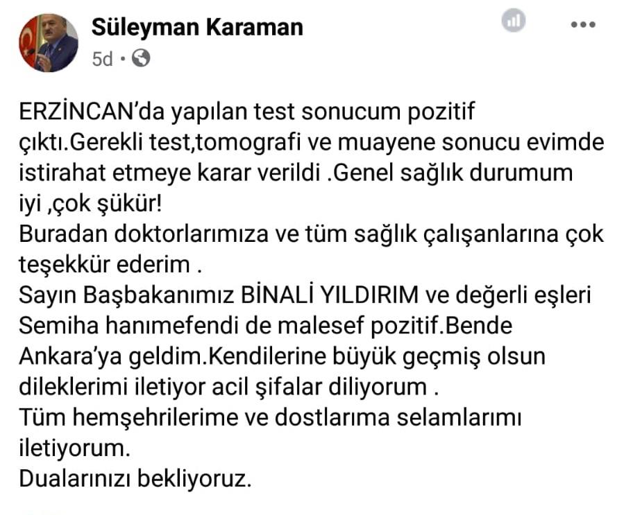 Binali Yıldırım koronavirüse yakalandığını duyurdu
